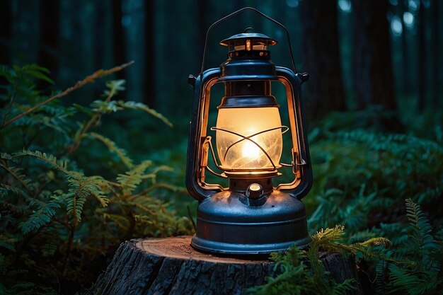 Photo camping lantern on a tree stump