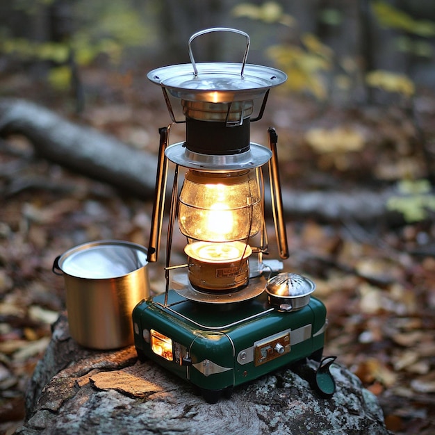 Camping lantern with an attached stove and cooking setup for convenience