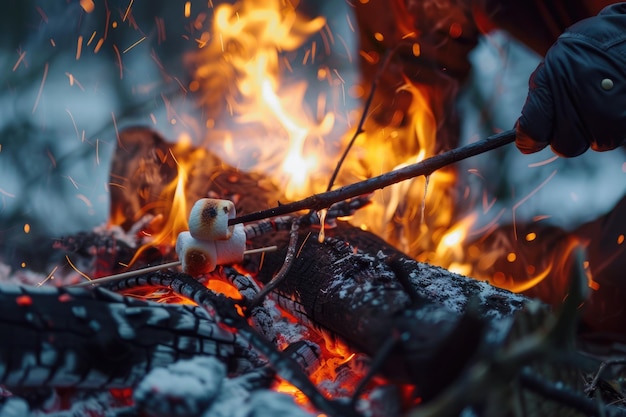 Camping Marshmallow Hipster Group Frying Marshmallows by Campfire in Forest