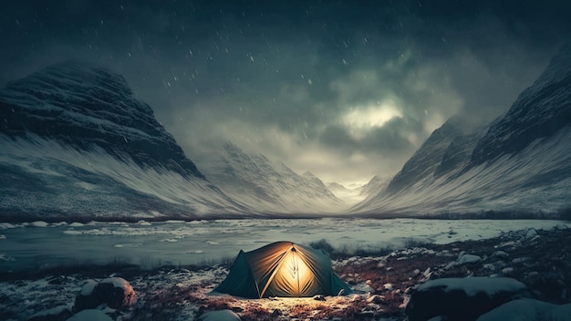 camping at a misty snowy mountain top