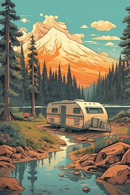 Camping in the mountains by a lake with a travel trailer Illustration Generative AI