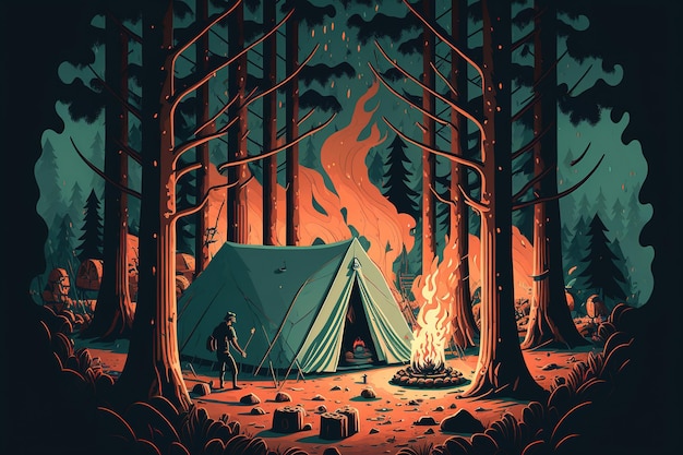 camping at night in the forest with camp fire