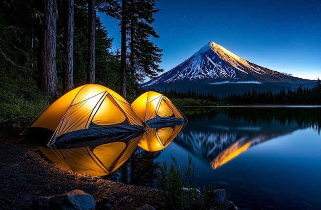 Camping in night with light and mountain view