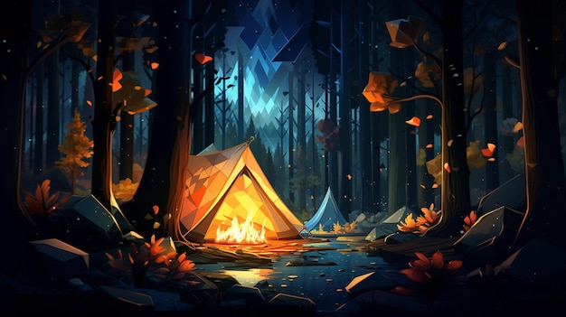 A camping scene with a bonfire lit in the for