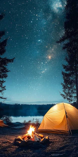 Photo camping setup with tent and campfire under the stars