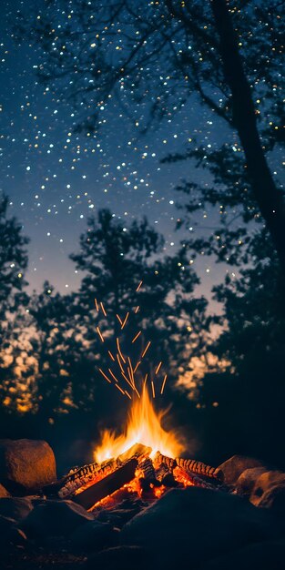 Photo camping site under a starlit sky with a crackling fire