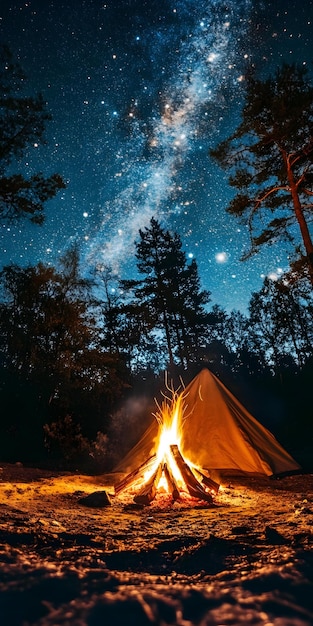 Camping under a starry sky with a glowing campfire