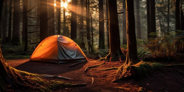 Camping at Sunset in Woods Camp Tent in Forest Summer Vacation Generative AI