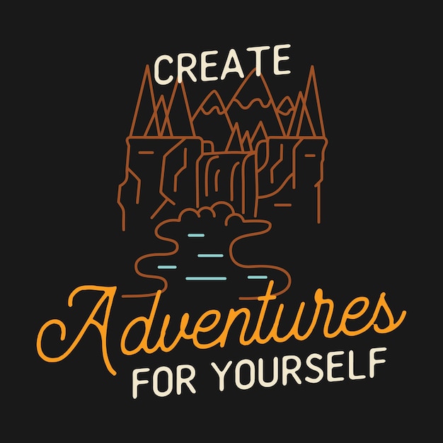 Photo camping t shirt design in minimalist line art style with quote create adventures for yourself travel linear emblem hiking colorful label stock