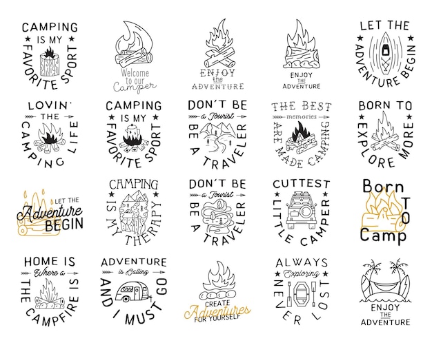 Photo camping t shirt designs collection in minimalist line art style with different quotes travel linear emblems hiking silhouette labels stock badges