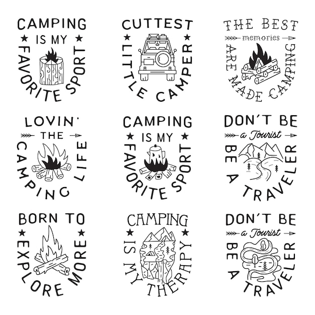 Photo camping t shirt designs set in minimalist line art style with different quotes travel linear emblems hiking silhouette labels stock badges