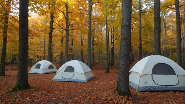 Camping tent in autumn forest