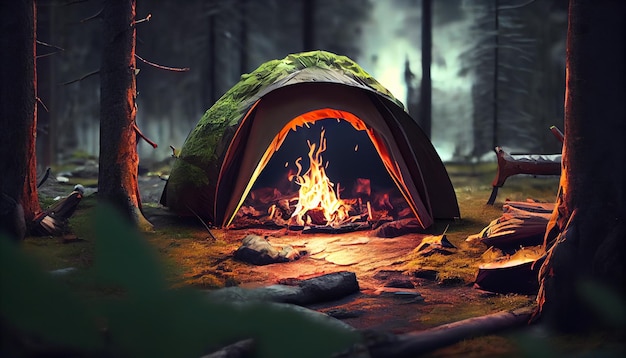 Camping tent in a camping in a forest