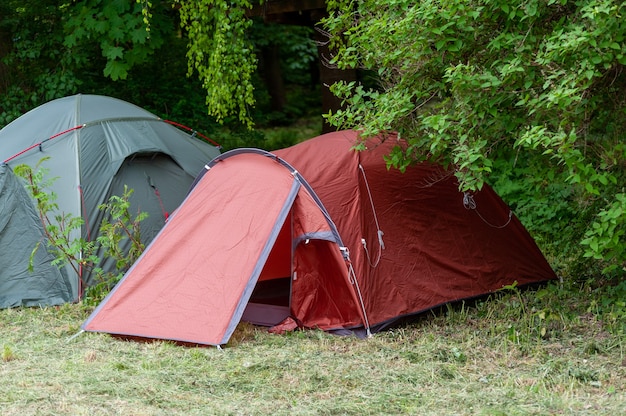 Camping and tent under the  forest . Camping tent in a camping in a forest