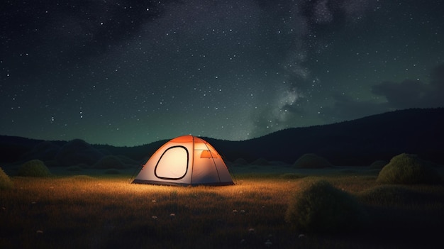 Camping tent in the forest at night with starry sky and milky way generative ai