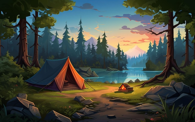 camping tent in the forest with mountains and trees.