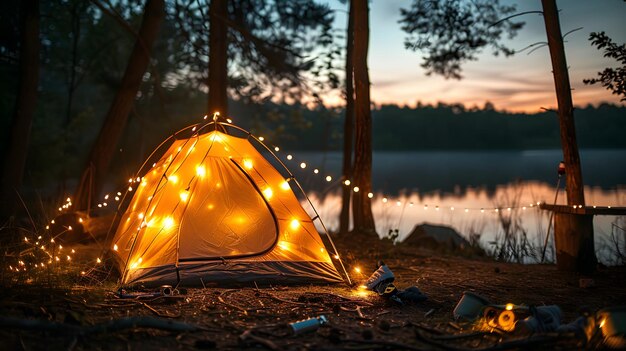 A camping tent illuminated in the style of fairy lights nestled in the serene setting of nature with