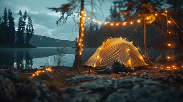 A camping tent illuminated in the style of fairy lights nestled in the serene setting of nature with