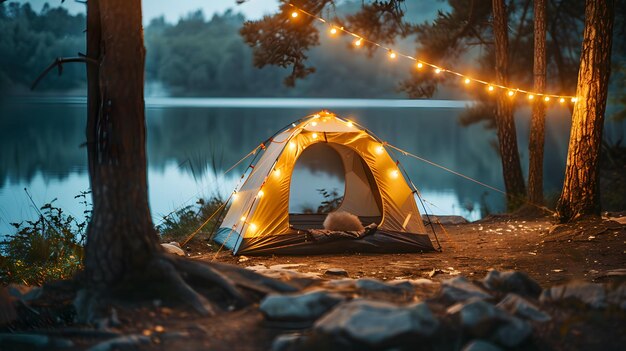 A camping tent illuminated in the style of fairy lights nestled in the serene setting of nature with