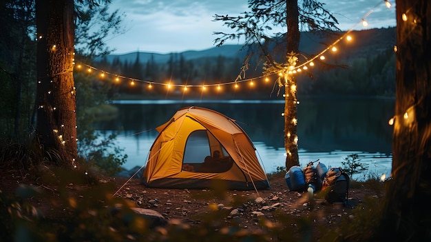 A camping tent illuminated in the style of fairy lights nestled in the serene setting of nature with