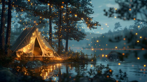 A camping tent illuminated in the style of fairy lights nestled in the serene setting of nature with