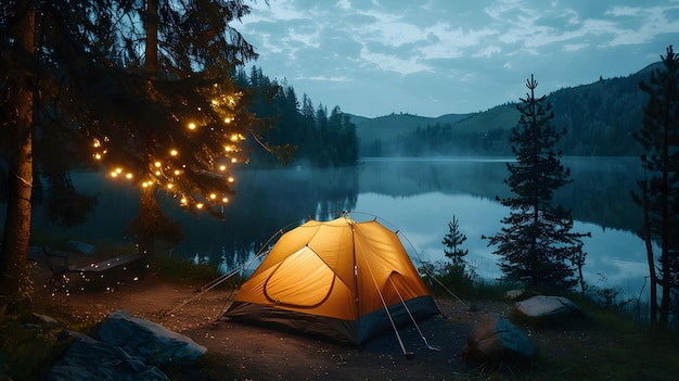 A camping tent illuminated in the style of fairy lights nestled in the serene setting of nature with