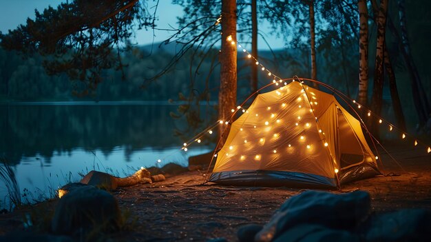 A camping tent illuminated in the style of fairy lights nestled in the serene setting of nature with