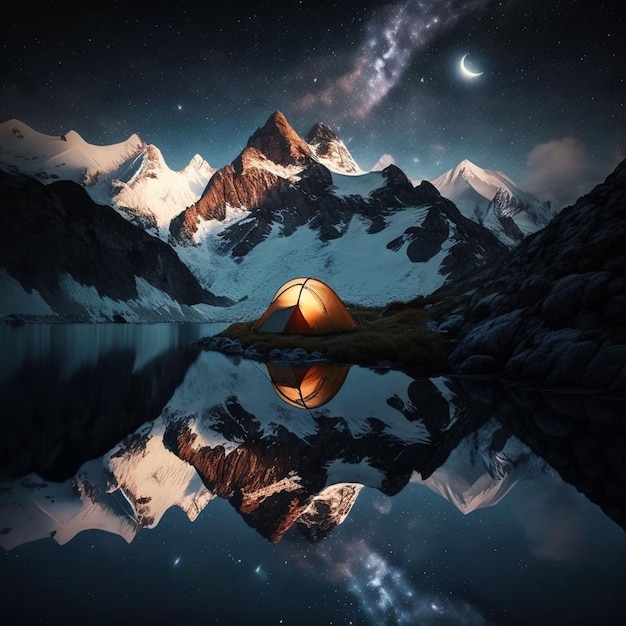 Camping Tent on the lake shore starry night mountains and sleeping under the stars