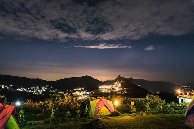 Camping tent mountain at night