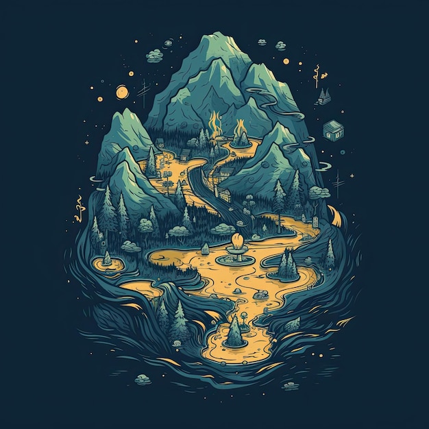 Camping tent in the mountains Vector hand drawn illustration Tshirt print design