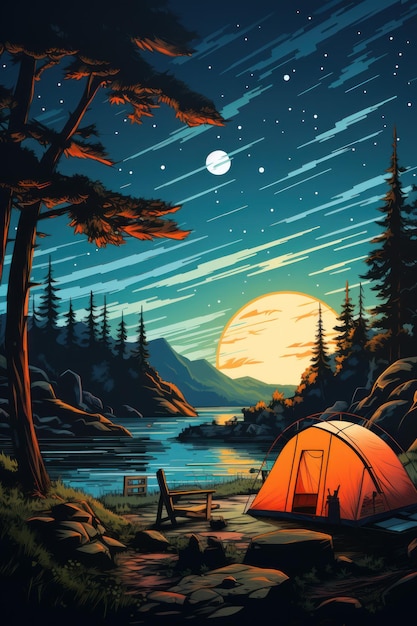 A camping tent in a nature hiking spot Relaxing during a Hike in mountain next to lake river