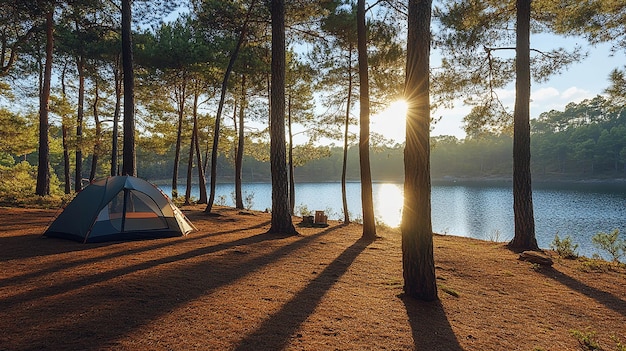 Photo camping and tent under pine forest