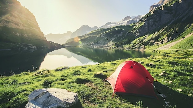 Camping Tent in a Valley with Beautiful Lake