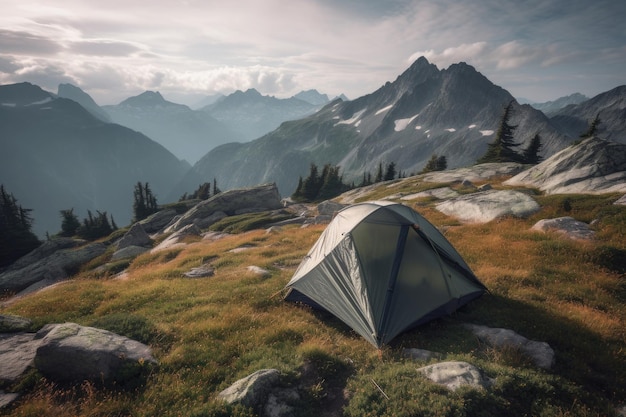 Camping tent with amazing view on mountain landscape at sunset Generative AI