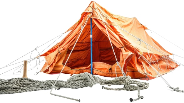 Camping Tent with Pegs and Ropes on white background