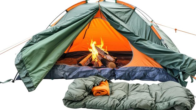 Camping Tent with Sleeping Bag and Camp Essentials on white background