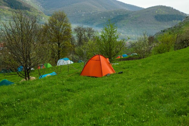 Camping tents on a green meadow in the mountains in spring Rest with the tent in nature