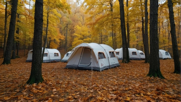 Camping tents in misty autumn forest