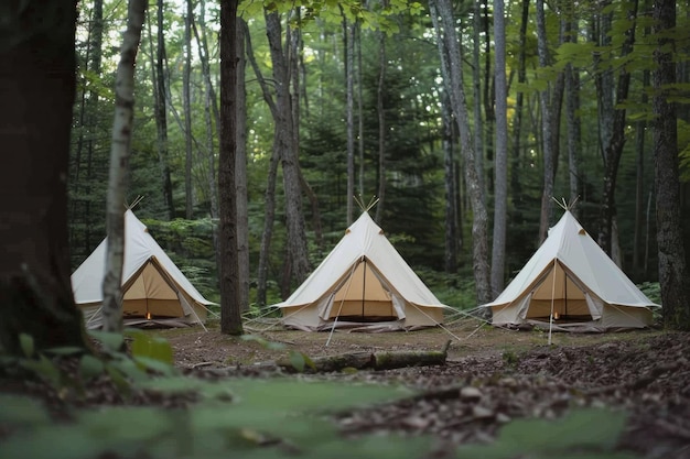 Camping tents set up in the woods for travelers and adventure enthusiasts in the remote forest area