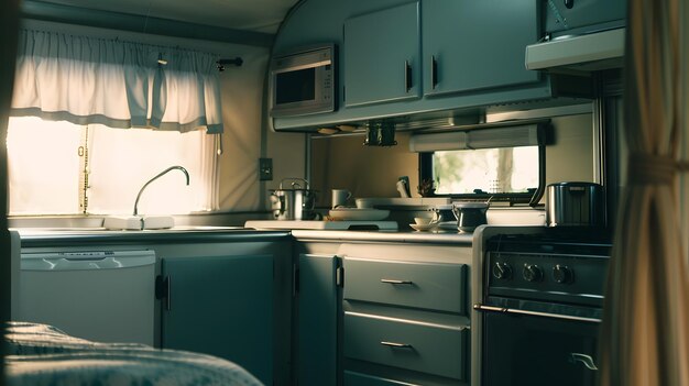 Camping in trailer rv kitchen and bedroom nobody Generative AI