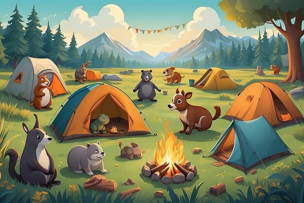 Camping Trip Cartoon Animals Adventure in Grass Field