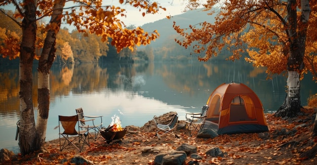 A camping trip with tents pitched in a wild campfire crackling chairs on the water edge of the lake river island with trees