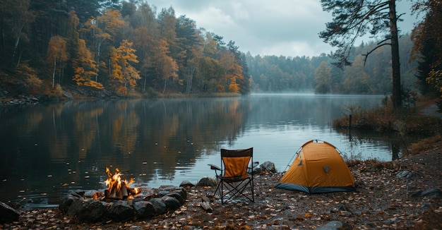 A camping trip with tents pitched in a wild campfire crackling chairs on the water edge of the lake river island with trees