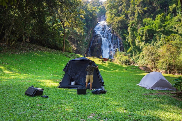 Camping waterfall in front of the waterfall