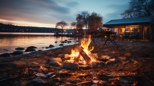 Photo camping with a tent on the river bank a fire a cozy evening in nature generation ai