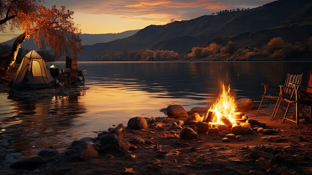 Photo camping with a tent on the river bank a fire a cozy evening in nature generation ai