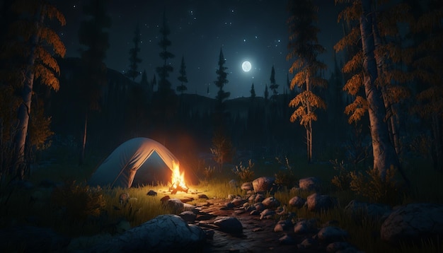 Camping in the woods at night Generative Ai