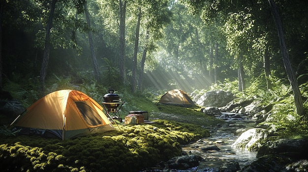 camping in the woods with a stream running through it