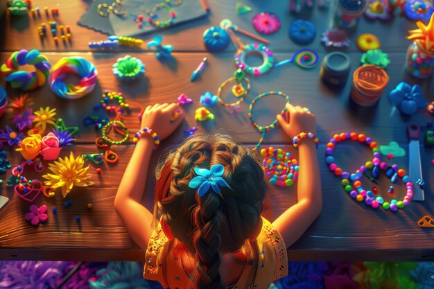 Photo campsite crafts a girl creates colorful bead jewelry