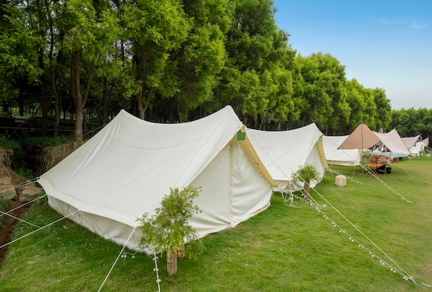 The campsite in the forest is covered with tents